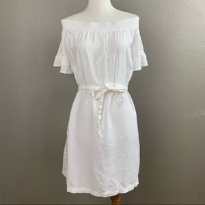White linen off the shoulder tie waist short dress